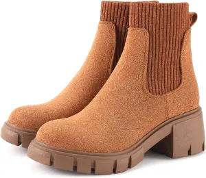 MOUSSE FIT Women's British Style Boots Elastic Chunky Heel Lug Sole Booties