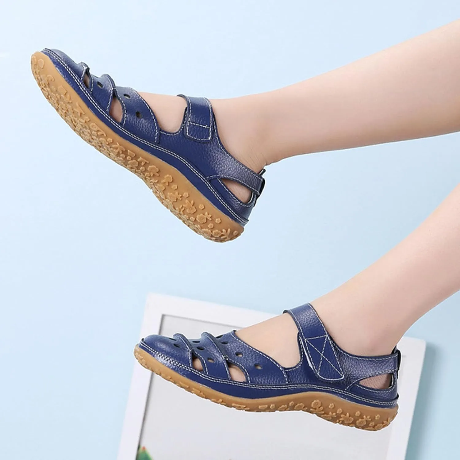MOYOWEI Women's Leather Closed Toe Sandals Summer Casual Comfy Non-Slip Orthotic Softsole Ankle Strap Cutout Beach Mary Jane Shoes