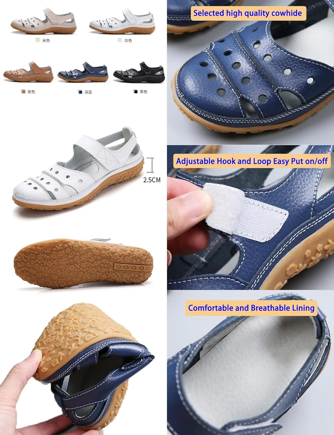 MOYOWEI Women's Leather Closed Toe Sandals Summer Casual Comfy Non-Slip Orthotic Softsole Ankle Strap Cutout Beach Mary Jane Shoes