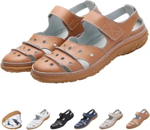 MOYOWEI Women's Leather Closed Toe Sandals Summer Casual Comfy Non-Slip Orthotic Softsole Ankle Strap Cutout Beach Mary Jane Shoes