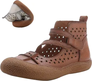 MOYOWEI Women's Summer High-top Casual Sandals,Fashion Vintage Non-slip Softsole Adjustable Ankle Strap Flat Leather Booties