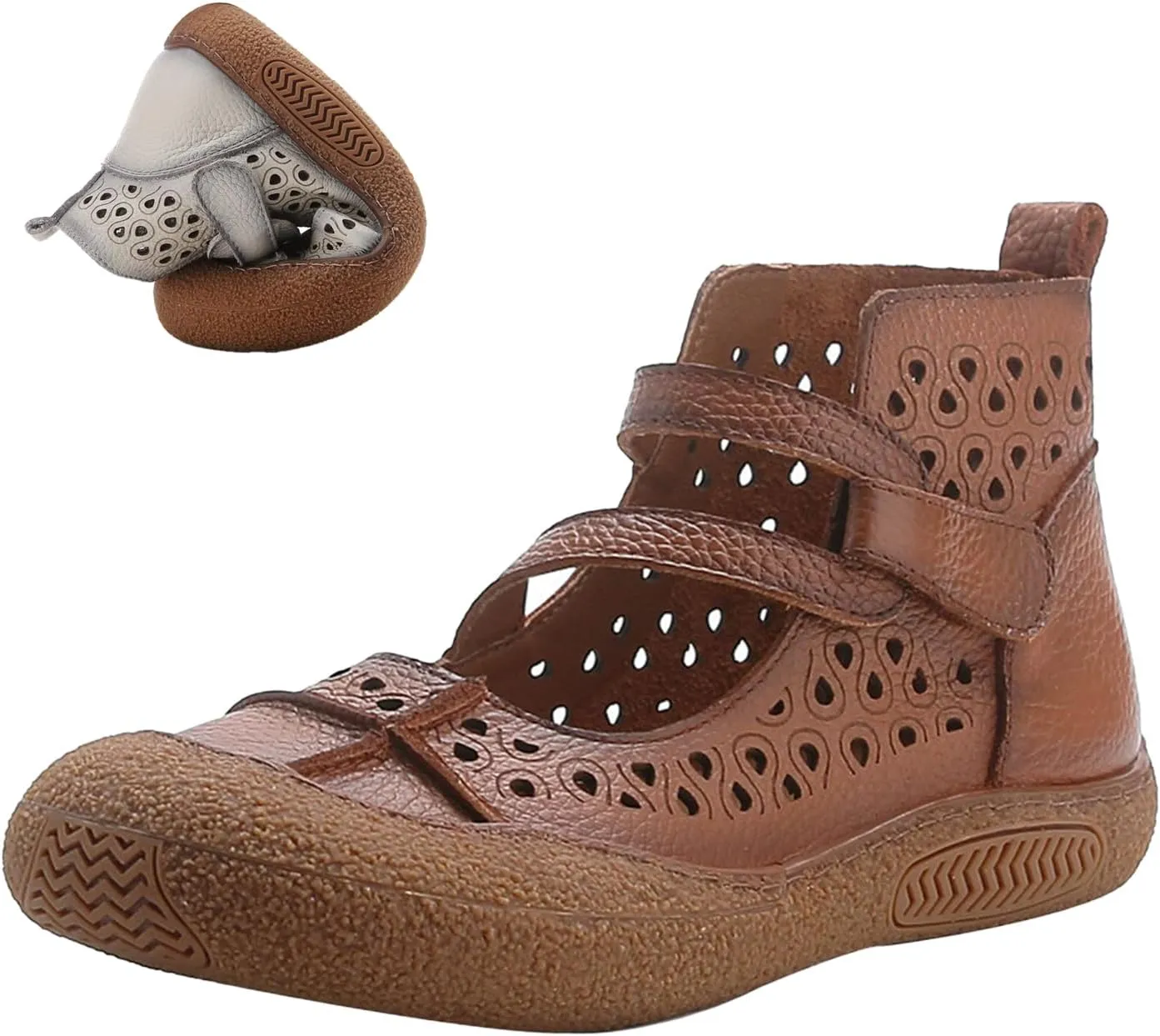 MOYOWEI Women's Summer High-top Casual Sandals,Fashion Vintage Non-slip Softsole Adjustable Ankle Strap Flat Leather Booties