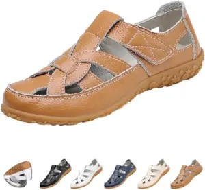 MOYOWEI Women's Woven Closed Toe Leather Sandals,Casual Comfy Orthotic Softsole Ankle Strap Boho Gladiator Beach Shoes
