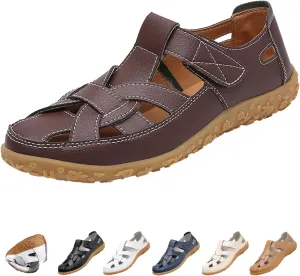 MOYOWEI Women's Woven Closed Toe Leather Sandals,Casual Comfy Orthotic Softsole Ankle Strap Boho Gladiator Beach Shoes
