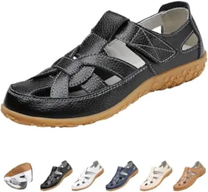 MOYOWEI Women's Woven Closed Toe Leather Sandals,Casual Comfy Orthotic Softsole Ankle Strap Boho Gladiator Beach Shoes