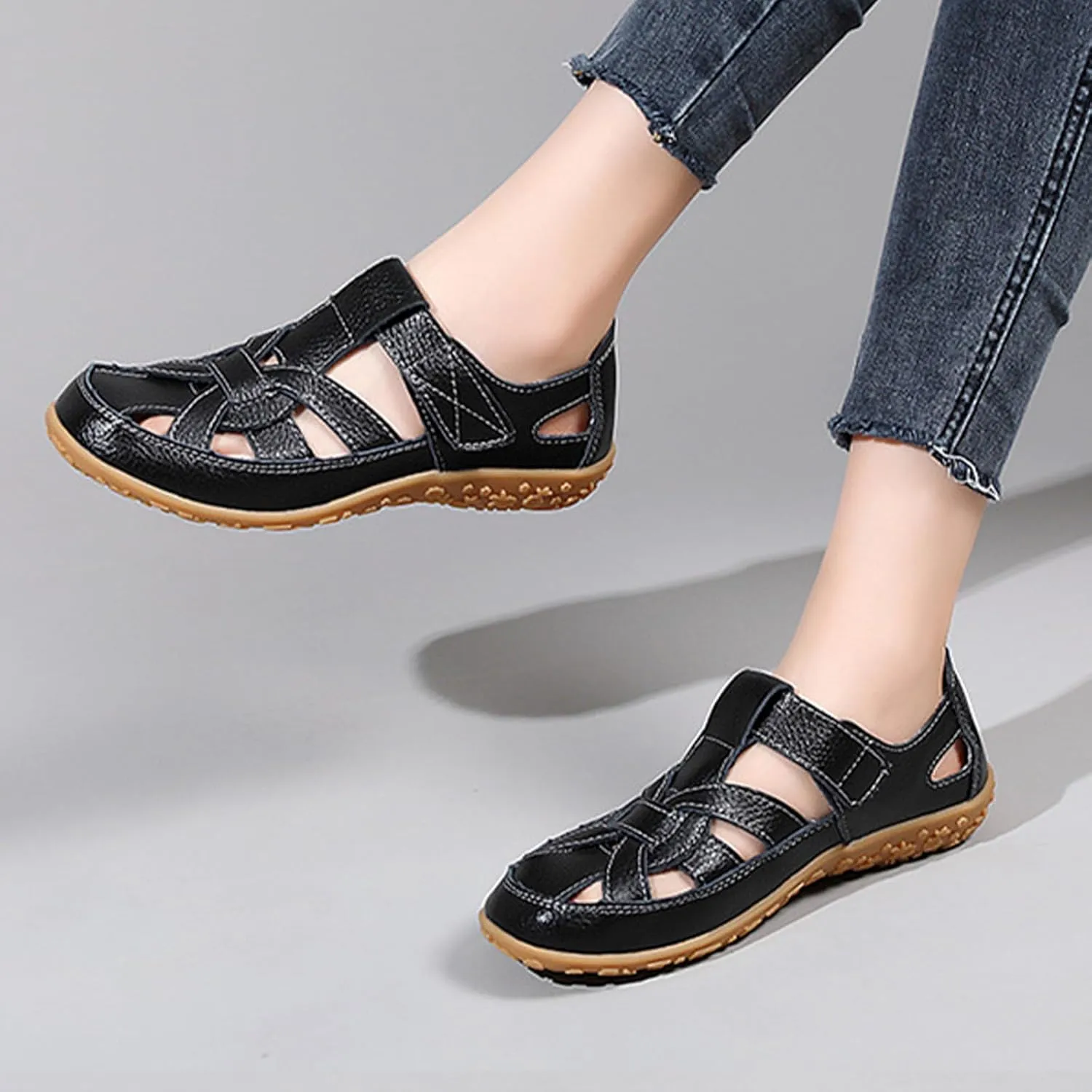 MOYOWEI Women's Woven Closed Toe Leather Sandals,Casual Comfy Orthotic Softsole Ankle Strap Boho Gladiator Beach Shoes