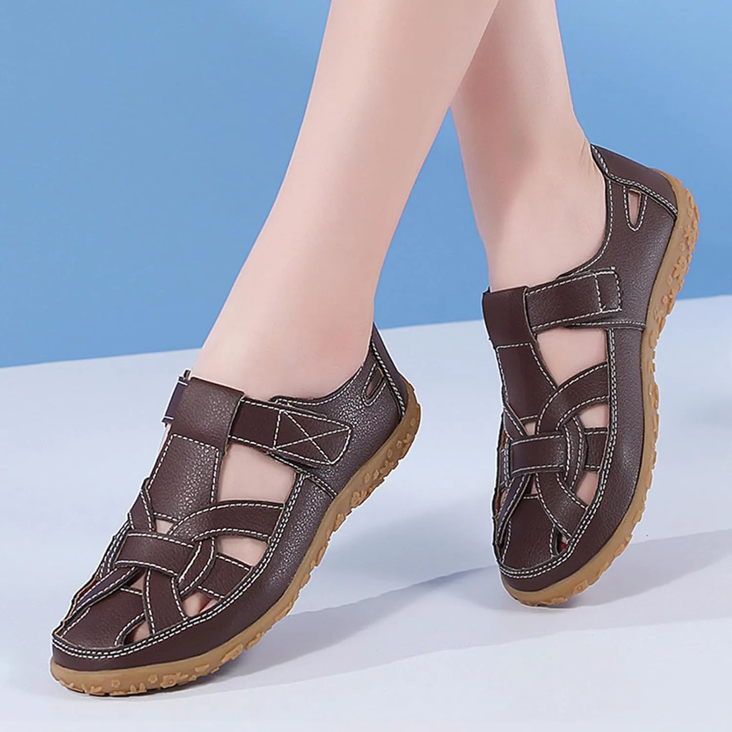 MOYOWEI Women's Woven Closed Toe Leather Sandals,Casual Comfy Orthotic Softsole Ankle Strap Boho Gladiator Beach Shoes