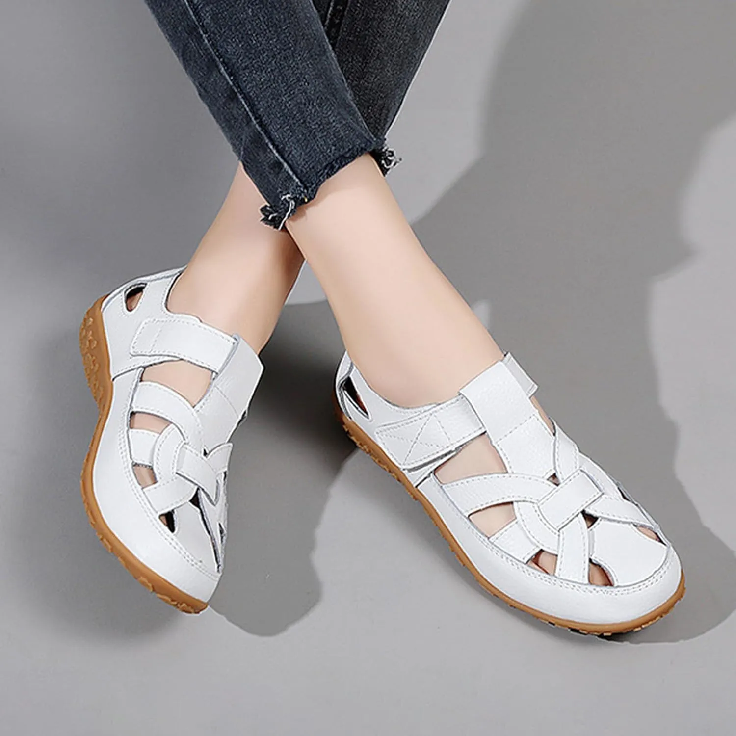 MOYOWEI Women's Woven Closed Toe Leather Sandals,Casual Comfy Orthotic Softsole Ankle Strap Boho Gladiator Beach Shoes