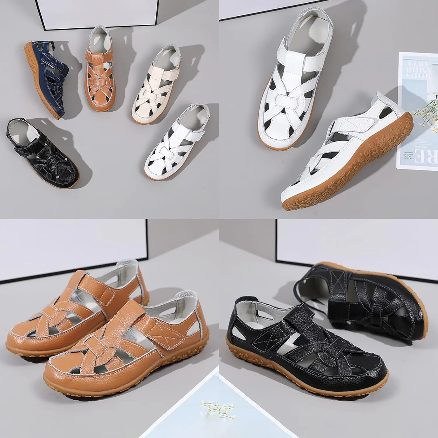 MOYOWEI Women's Woven Closed Toe Leather Sandals,Casual Comfy Orthotic Softsole Ankle Strap Boho Gladiator Beach Shoes