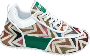 Multicolor Geometric Print Sneakers - White Sole with Green Accents, Breathable Mesh Upper Design for Casual Style