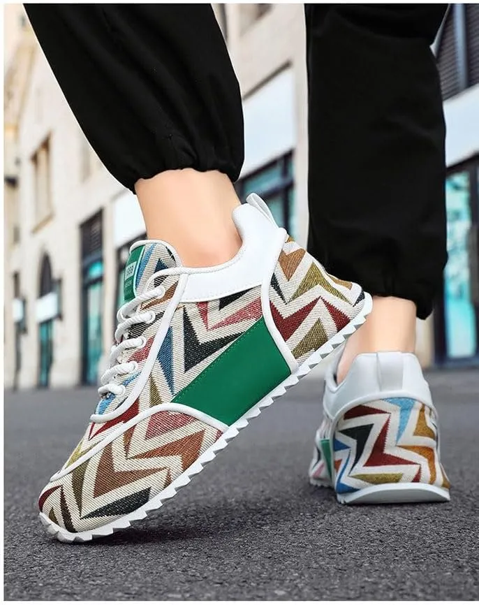 Multicolor Geometric Print Sneakers - White Sole with Green Accents, Breathable Mesh Upper Design for Casual Style