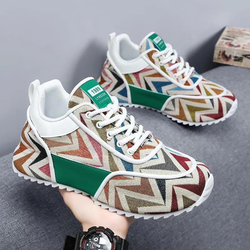 Multicolor Geometric Print Sneakers - White Sole with Green Accents, Breathable Mesh Upper Design for Casual Style