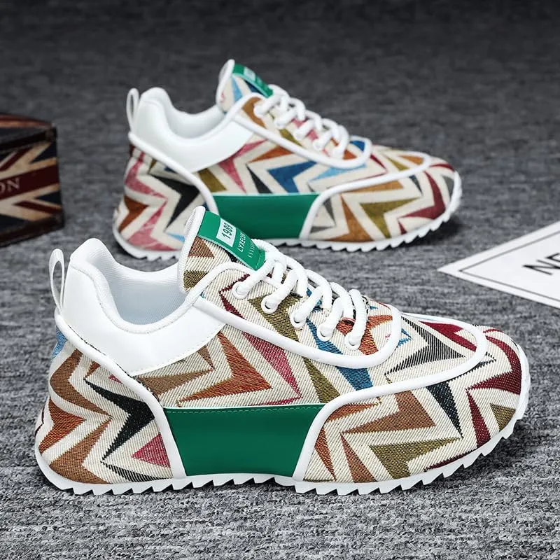Multicolor Geometric Print Sneakers - White Sole with Green Accents, Breathable Mesh Upper Design for Casual Style