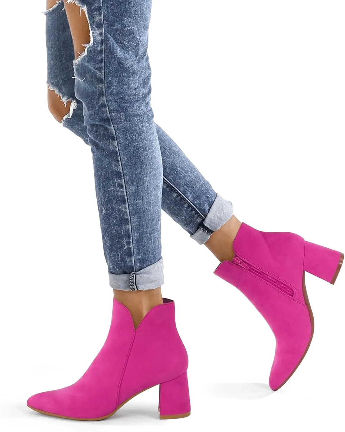 mysoft Women's Ankle Boots Chunky Block Low Heel Comfortable Pointed Toe Side V Cutout Dressy Office Booties with Zipper