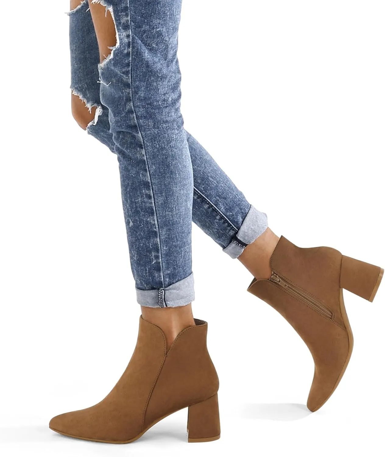 mysoft Women's Ankle Boots Chunky Block Low Heel Comfortable Pointed Toe Side V Cutout Dressy Office Booties with Zipper