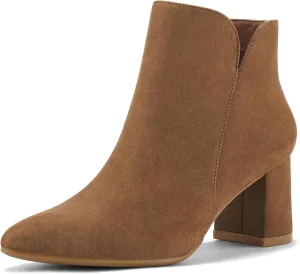 mysoft Women's Ankle Boots Chunky Block Low Heel Comfortable Pointed Toe Side V Cutout Dressy Office Booties with Zipper
