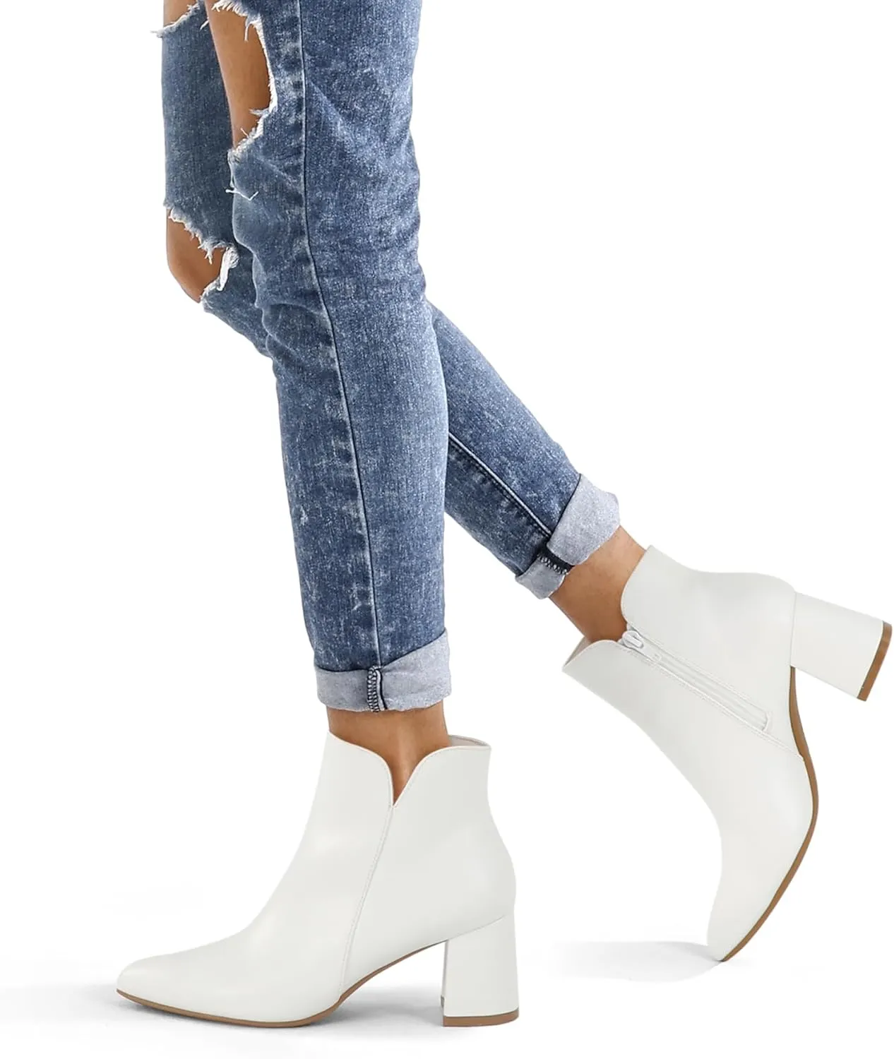 mysoft Women's Ankle Boots Chunky Block Low Heel Comfortable Pointed Toe Side V Cutout Dressy Office Booties with Zipper