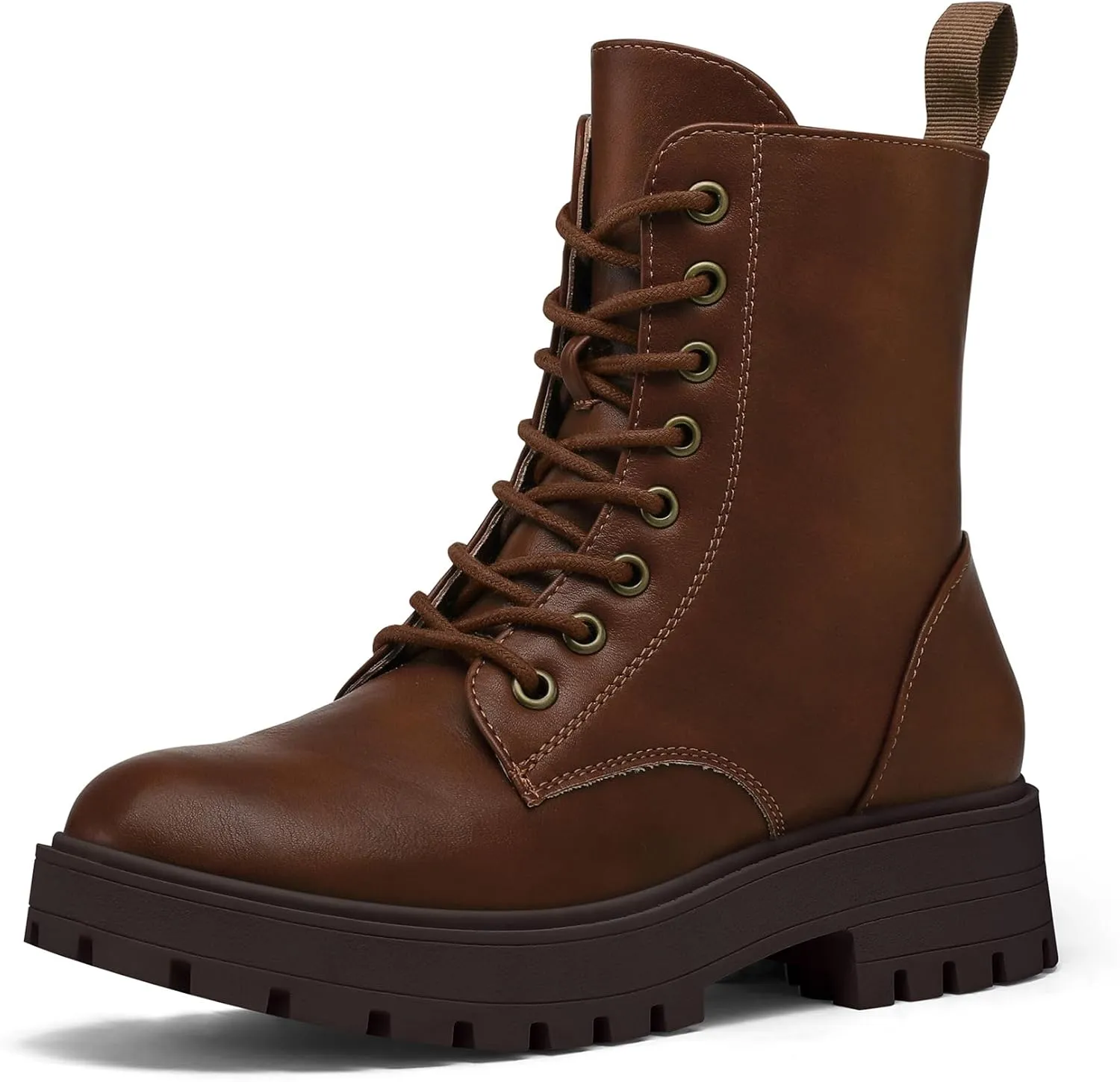 mysoft Women's Combat Boots Lace-Up Platform Ankle Booties Chunky Low Heel Side Zipper Shoes