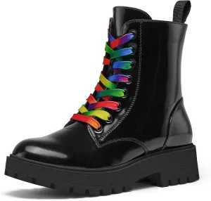 mysoft Women's Combat Boots Lace-Up Platform Ankle Booties Chunky Low Heel Side Zipper Shoes