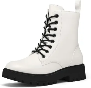 mysoft Women's Combat Boots Lace-Up Platform Ankle Booties Chunky Low Heel Side Zipper Shoes