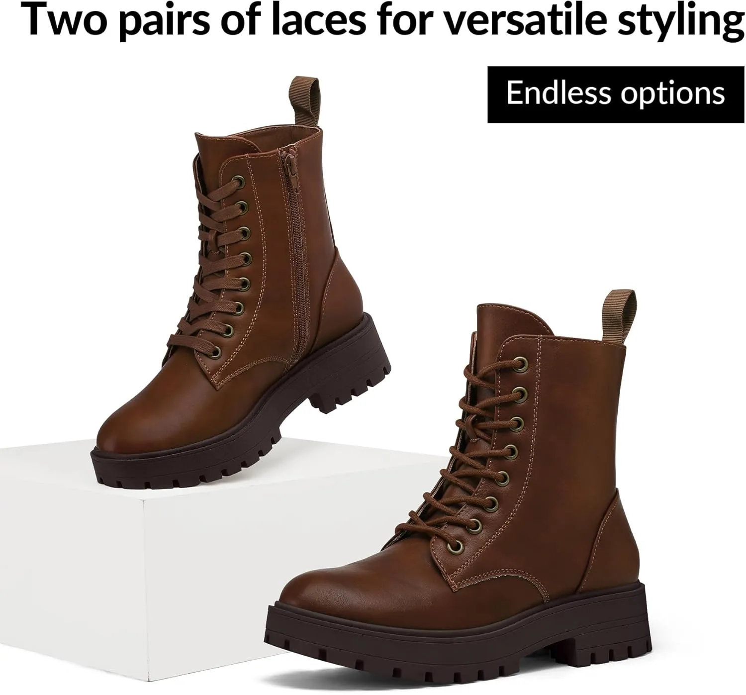 mysoft Women's Combat Boots Lace-Up Platform Ankle Booties Chunky Low Heel Side Zipper Shoes