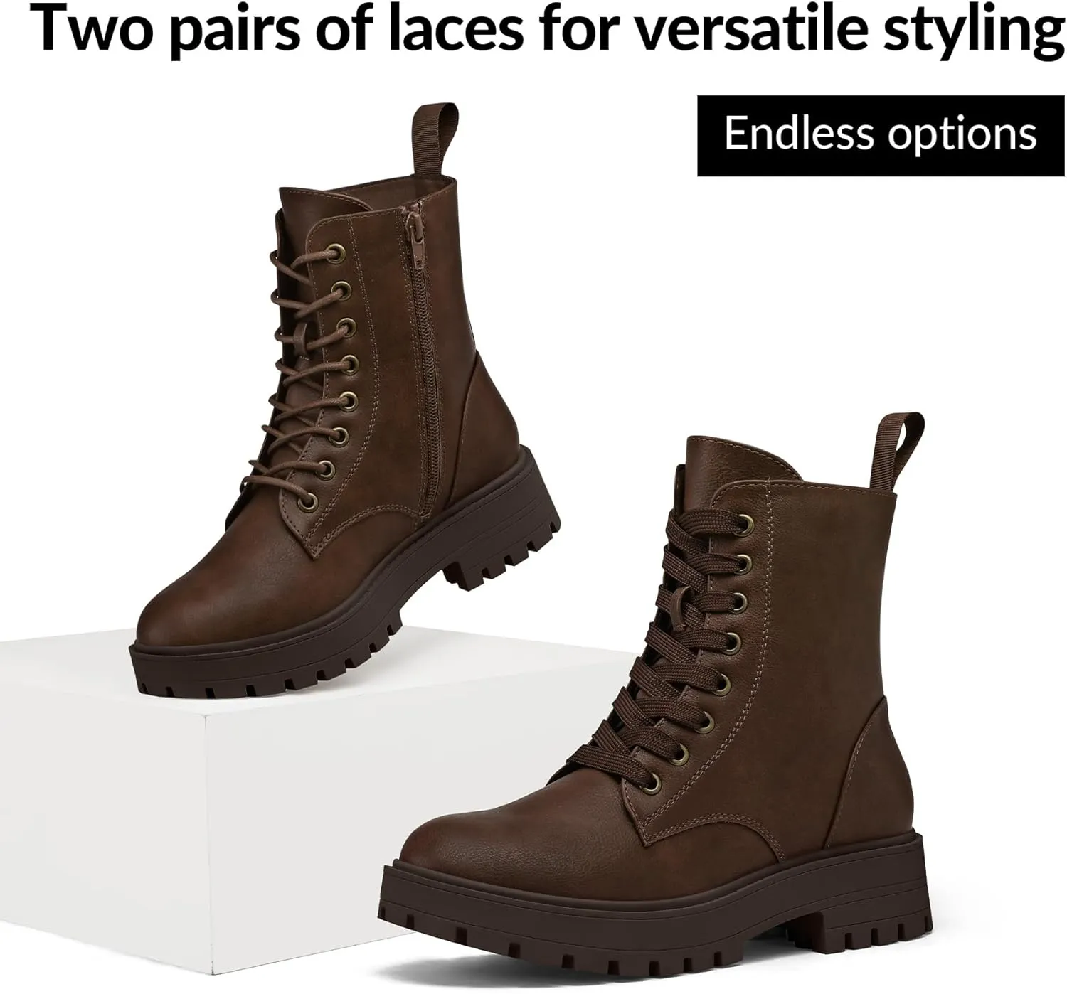 mysoft Women's Combat Boots Lace-Up Platform Ankle Booties Chunky Low Heel Side Zipper Shoes