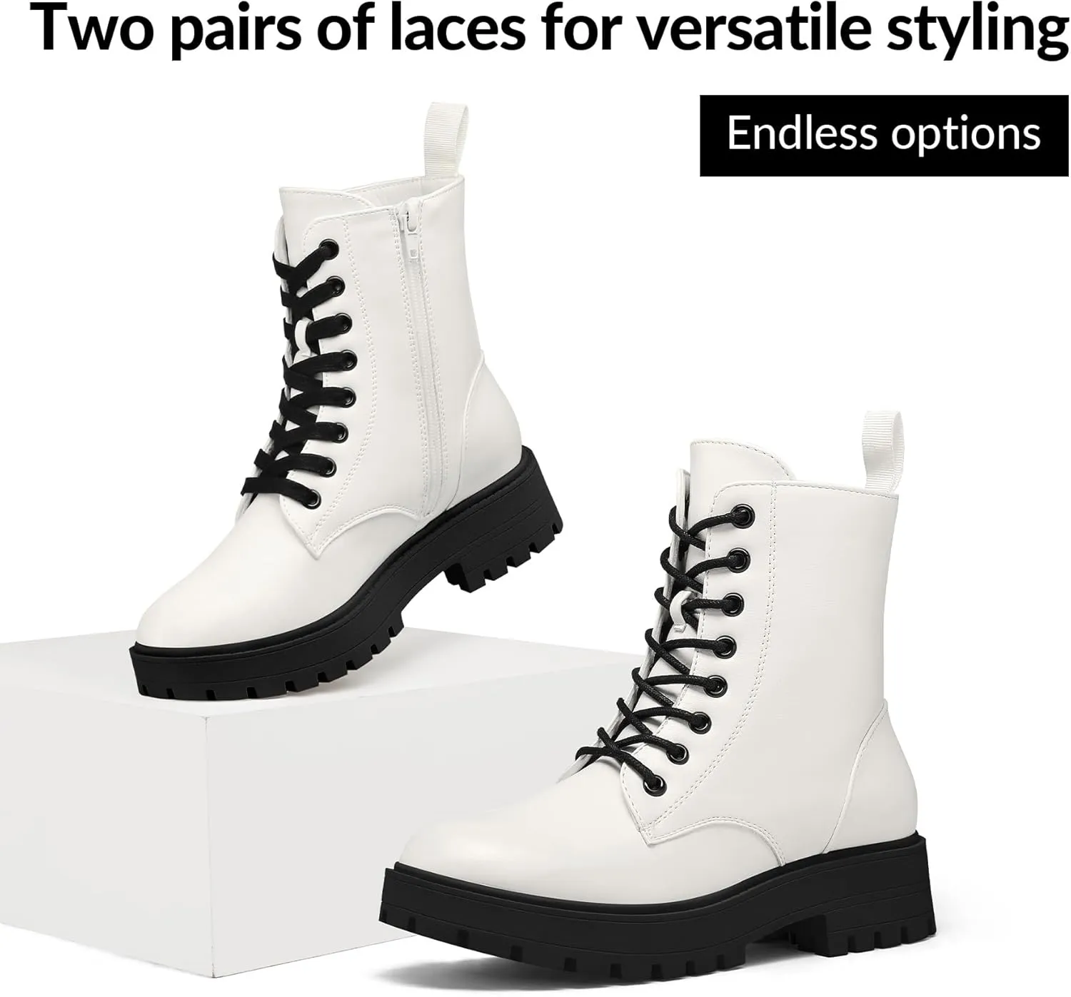 mysoft Women's Combat Boots Lace-Up Platform Ankle Booties Chunky Low Heel Side Zipper Shoes