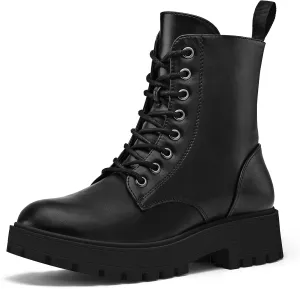 mysoft Women's Combat Boots Lace-Up Platform Ankle Booties Chunky Low Heel Side Zipper Shoes