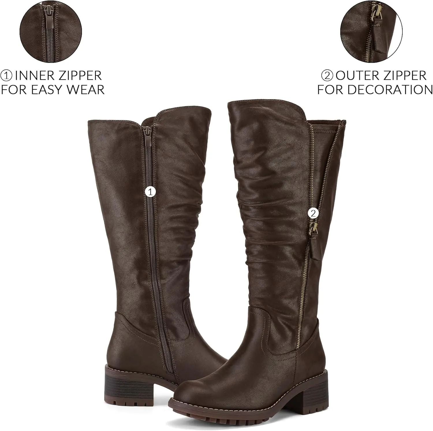 mysoft Women's Knee High Boots Side Zipper Lug Sole 2 Inch Stacked Chunky Heel Boots