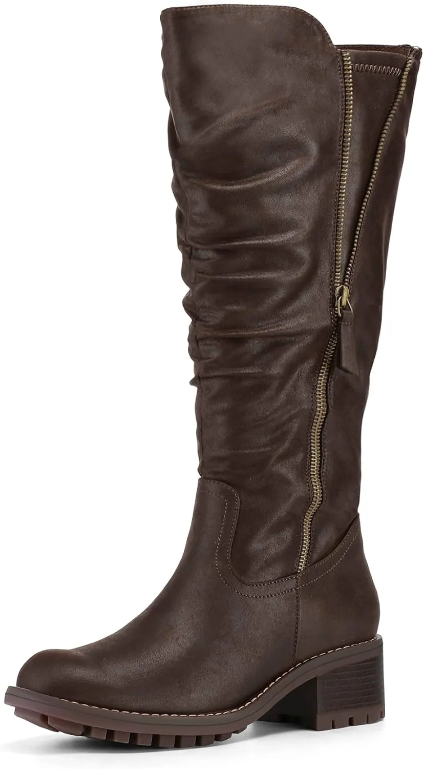 mysoft Women's Knee High Boots Side Zipper Lug Sole 2 Inch Stacked Chunky Heel Boots