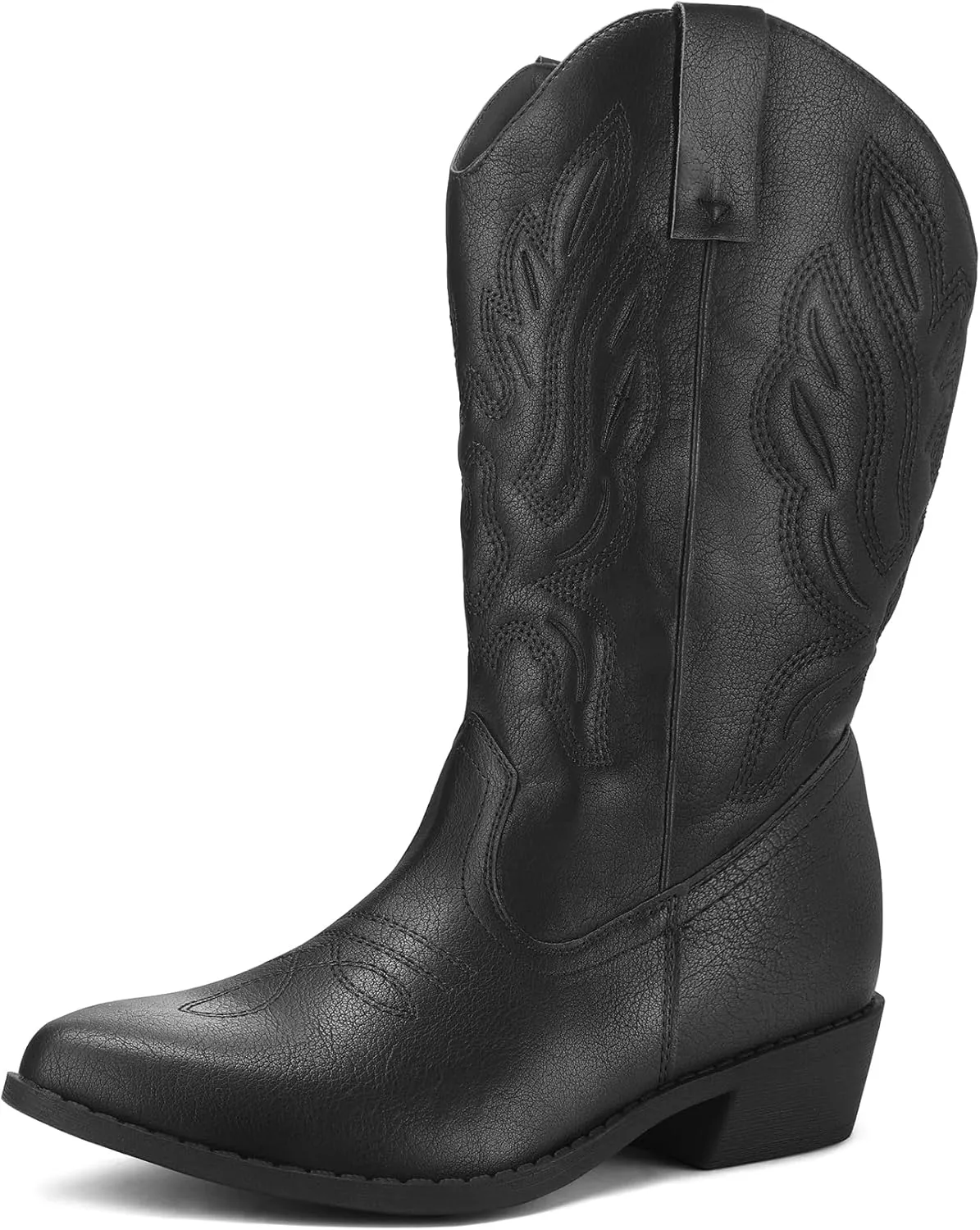 mysoft Women's Wide Calf Cowboy Boots Pull-On Mid-Calf Embroidered Pointed Toe Retro Western Boots