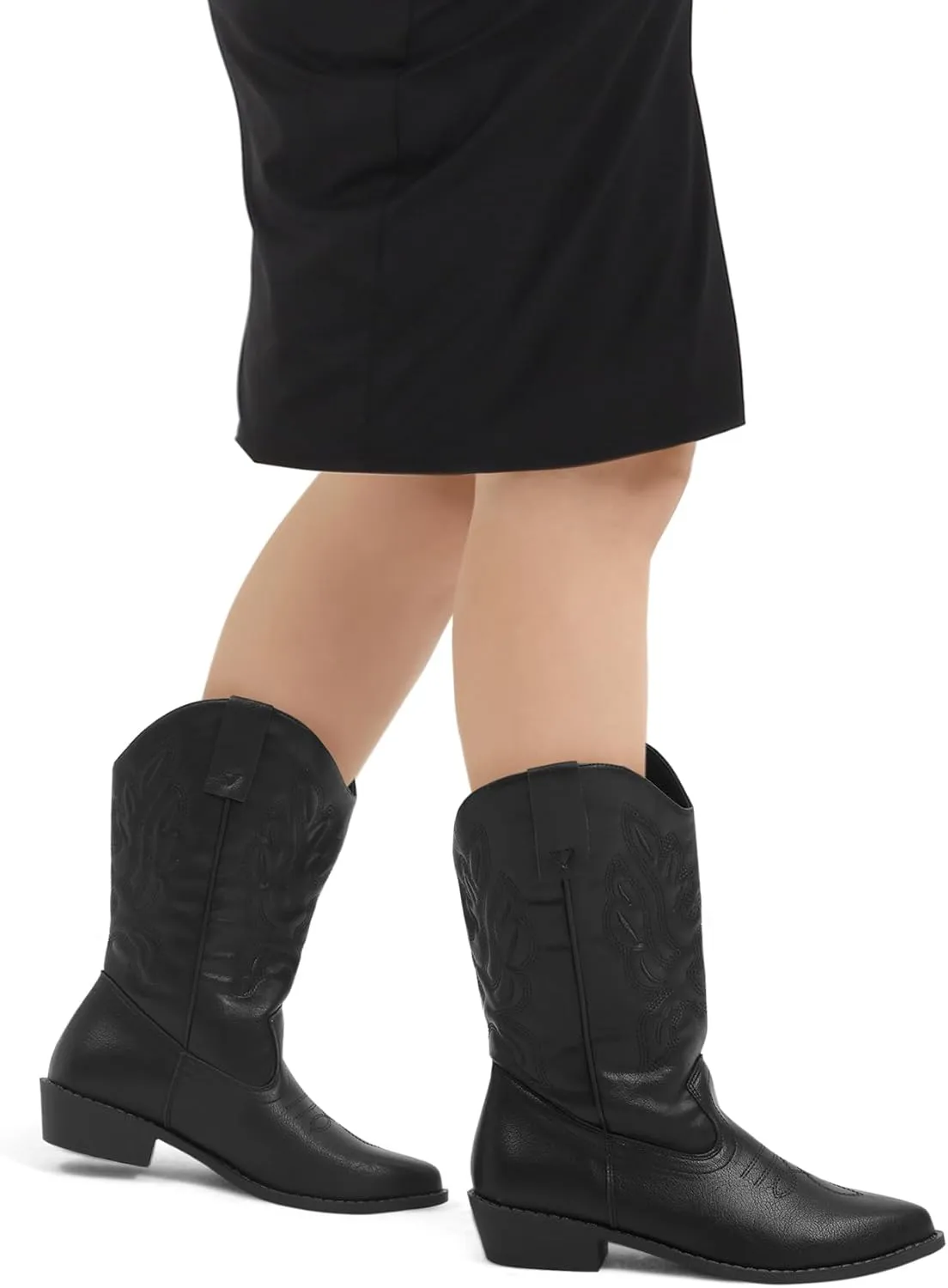 mysoft Women's Wide Calf Cowboy Boots Pull-On Mid-Calf Embroidered Pointed Toe Retro Western Boots