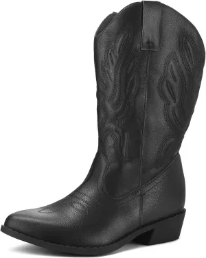 mysoft Women's Wide Calf Cowboy Boots Pull-On Mid-Calf Embroidered Pointed Toe Retro Western Boots