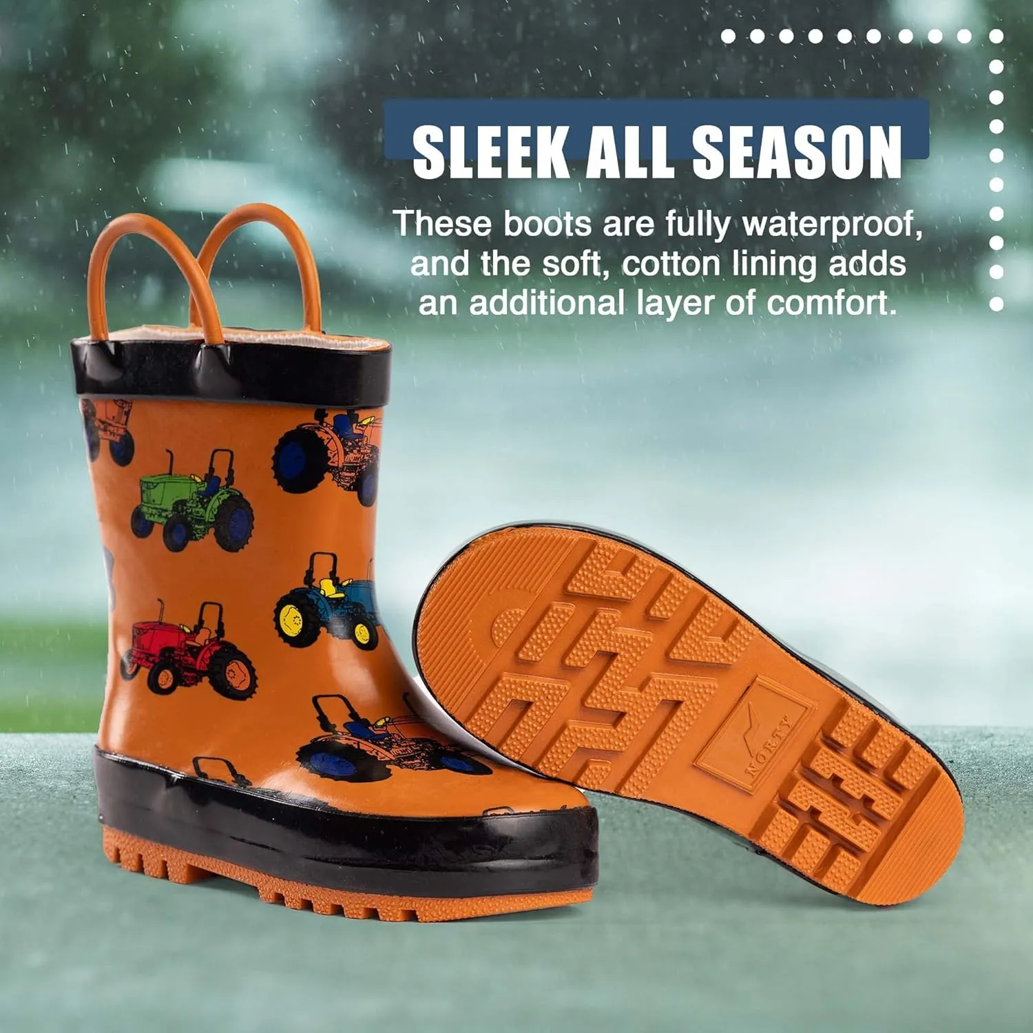 NORTY Rubber Rain Boots for Kids - Waterproof Rubber Boots Boys and Girls Solid & Printed Rainboots for Toddlers and Kids