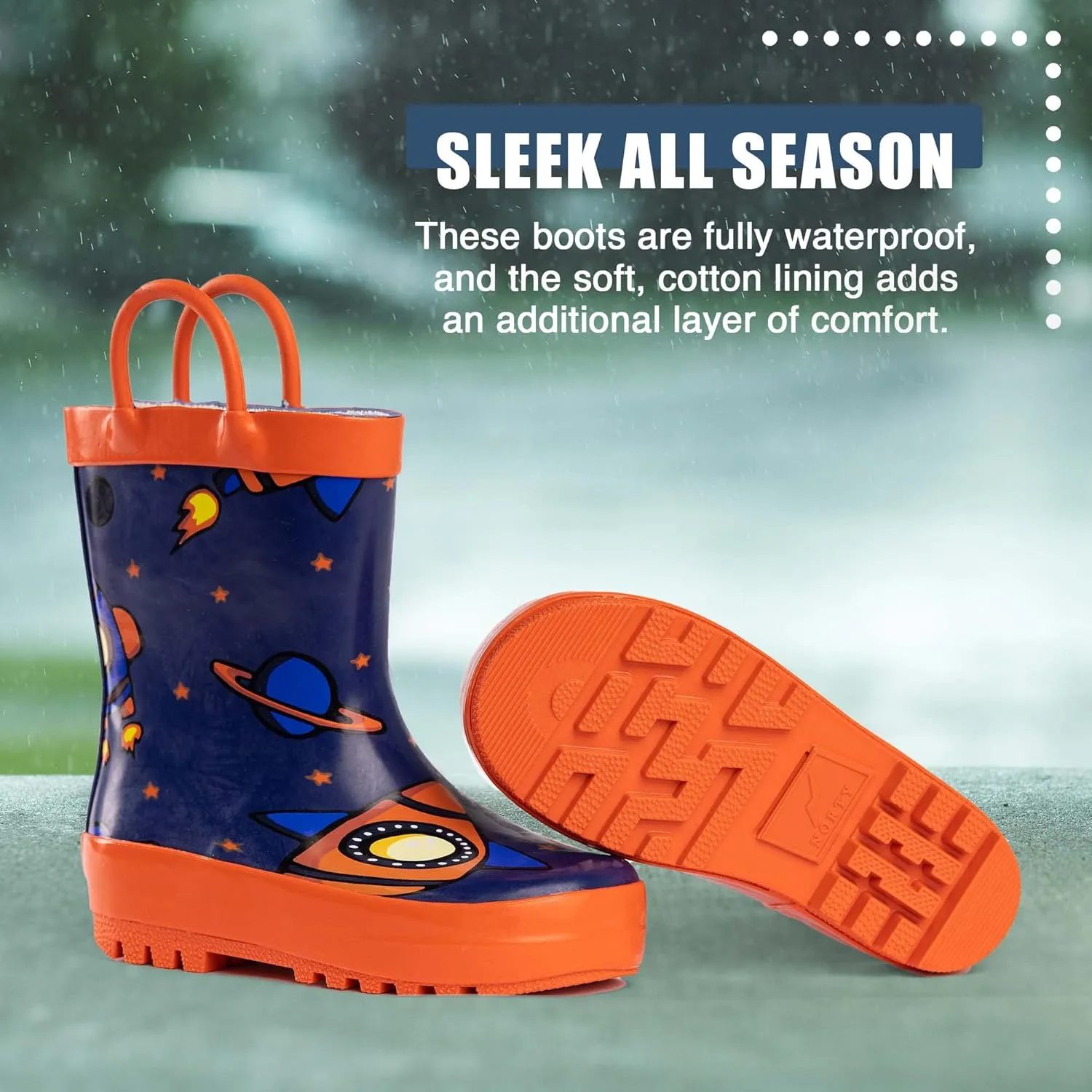 NORTY Rubber Rain Boots for Kids - Waterproof Rubber Boots Boys and Girls Solid & Printed Rainboots for Toddlers and Kids