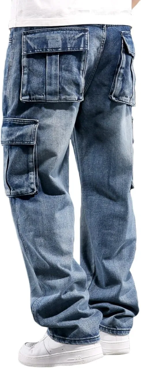 Nutriangee Men's Casual Cargo Workwear Jeans Loose Fit Straight Leg Hip Hop Denim Jeans with Multi-Pockets