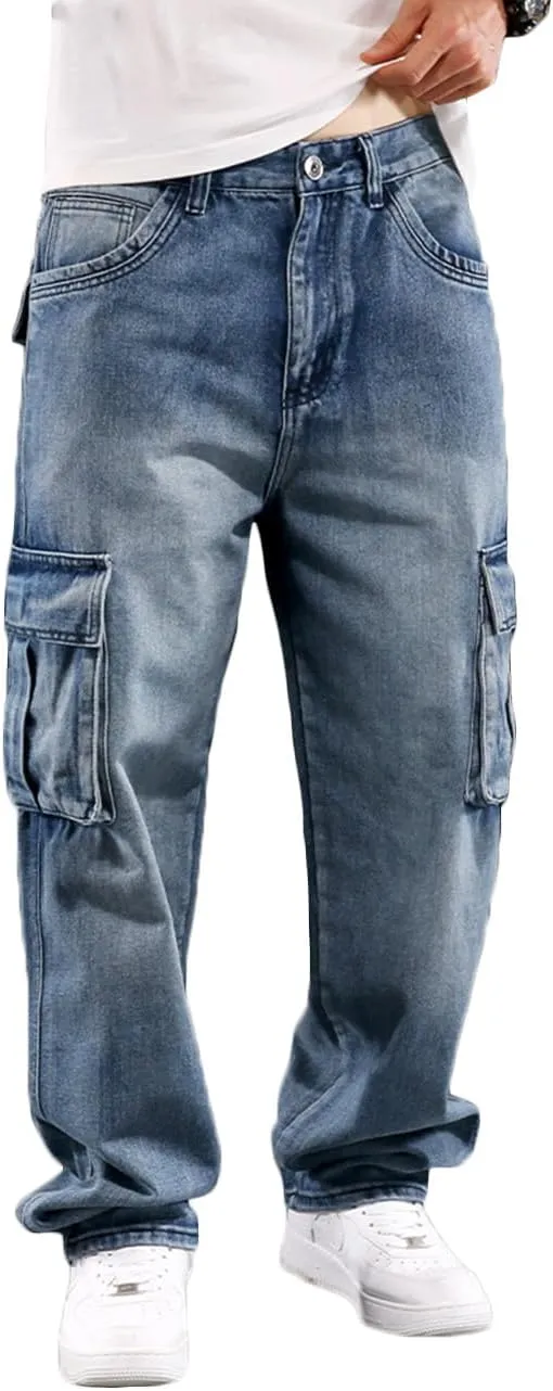 Nutriangee Men's Casual Cargo Workwear Jeans Loose Fit Straight Leg Hip Hop Denim Jeans with Multi-Pockets