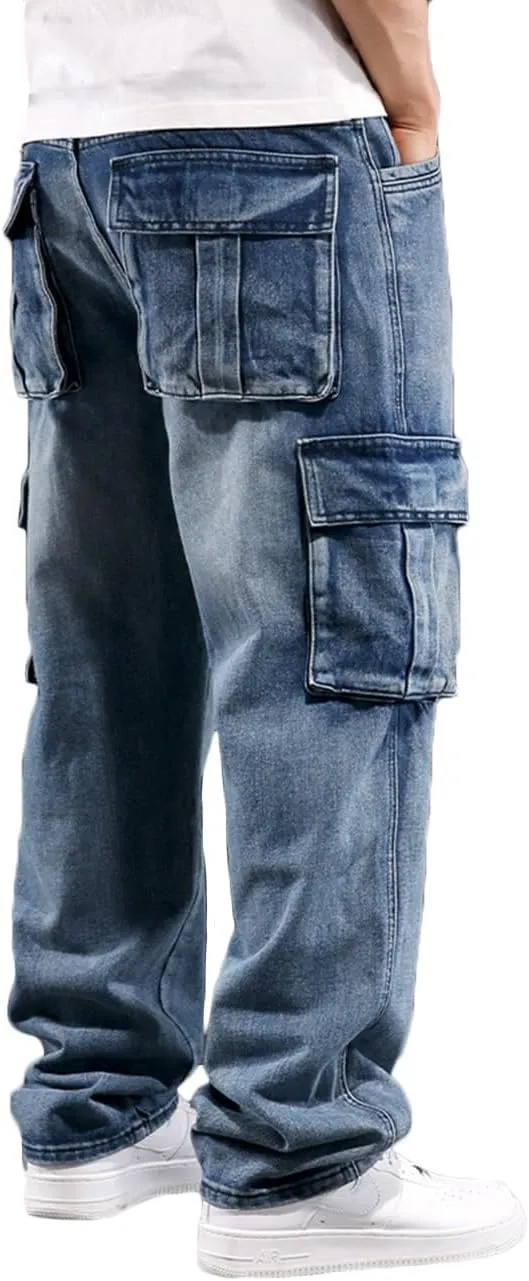 Nutriangee Men's Casual Cargo Workwear Jeans Loose Fit Straight Leg Hip Hop Denim Jeans with Multi-Pockets