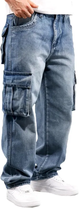Nutriangee Men's Casual Cargo Workwear Jeans Loose Fit Straight Leg Hip Hop Denim Jeans with Multi-Pockets