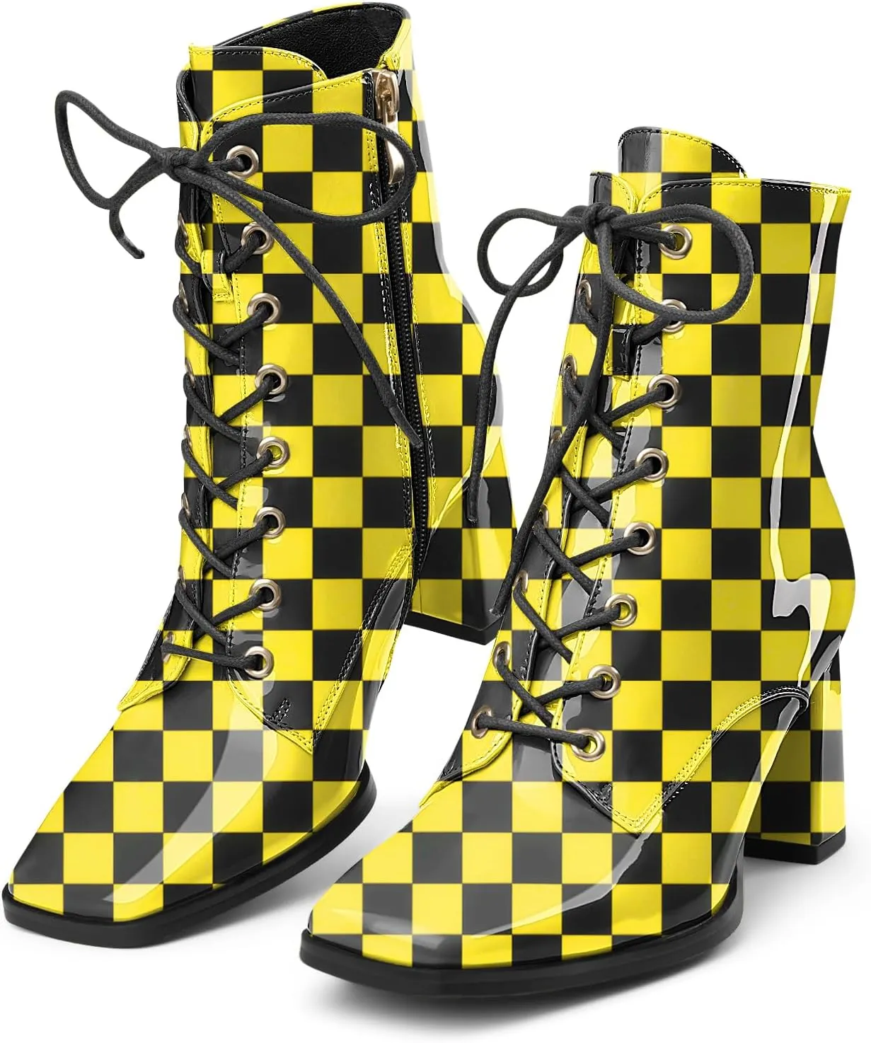 Oh Mispares Women's Chunky Heel Ankle Boots Square Toe Lace-up Chunky Block Heeled Side Zipper Short Booties Comfortable Walking Boot Shoes