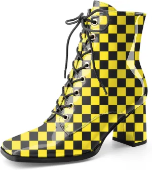 Oh Mispares Women's Chunky Heel Ankle Boots Square Toe Lace-up Chunky Block Heeled Side Zipper Short Booties Comfortable Walking Boot Shoes