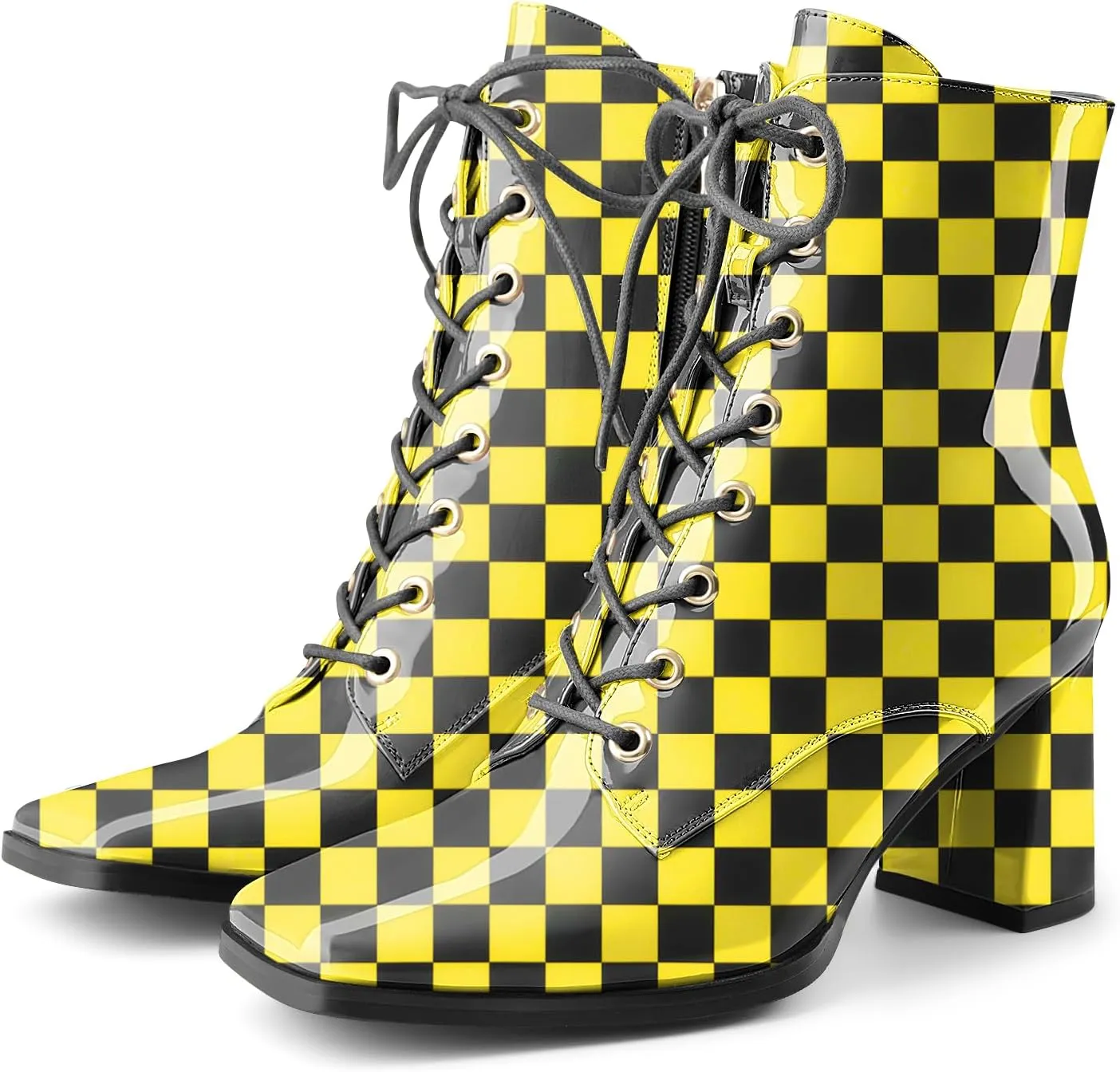 Oh Mispares Women's Chunky Heel Ankle Boots Square Toe Lace-up Chunky Block Heeled Side Zipper Short Booties Comfortable Walking Boot Shoes