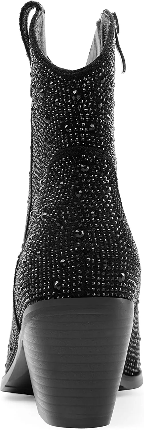 Oh Mispares Women's Sparkly Glitter Rhinestone Cowboy Ankle Boots Western Pointed Toe Low Block Heel Cowgirl Booties with Zipper
