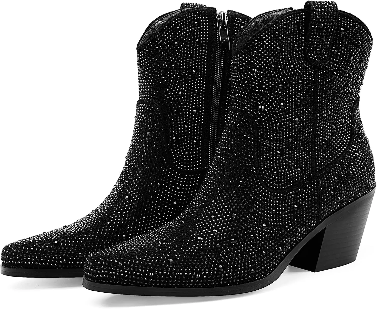 Oh Mispares Women's Sparkly Glitter Rhinestone Cowboy Ankle Boots Western Pointed Toe Low Block Heel Cowgirl Booties with Zipper