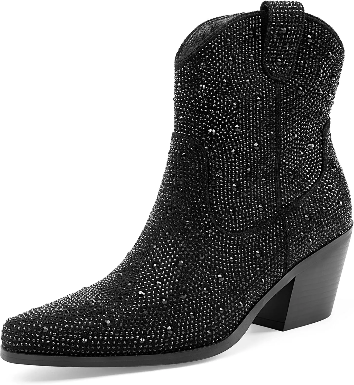 Oh Mispares Women's Sparkly Glitter Rhinestone Cowboy Ankle Boots Western Pointed Toe Low Block Heel Cowgirl Booties with Zipper