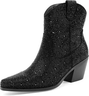 Oh Mispares Women's Sparkly Glitter Rhinestone Cowboy Ankle Boots Western Pointed Toe Low Block Heel Cowgirl Booties with Zipper