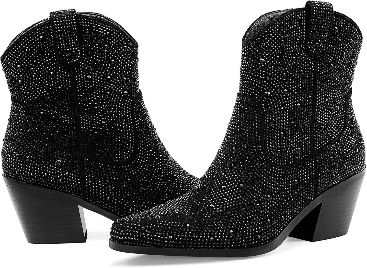 Oh Mispares Women's Sparkly Glitter Rhinestone Cowboy Ankle Boots Western Pointed Toe Low Block Heel Cowgirl Booties with Zipper