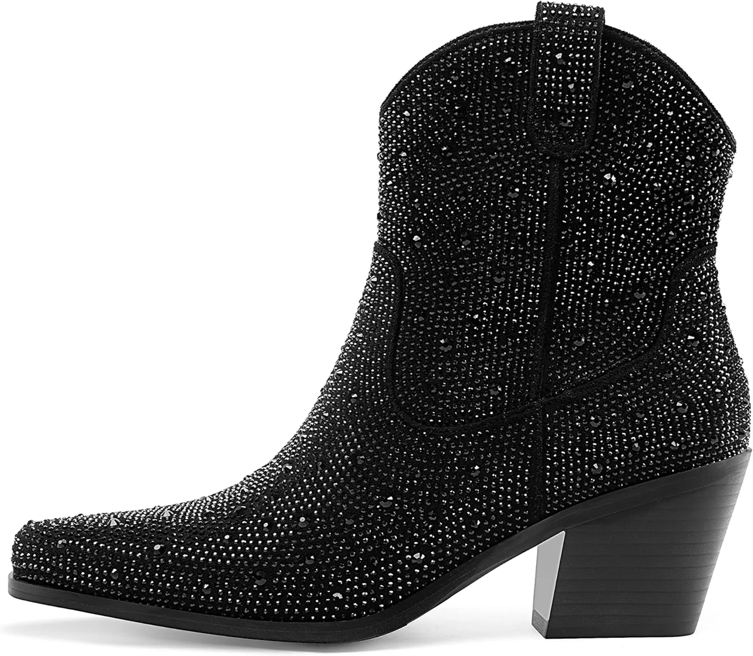 Oh Mispares Women's Sparkly Glitter Rhinestone Cowboy Ankle Boots Western Pointed Toe Low Block Heel Cowgirl Booties with Zipper