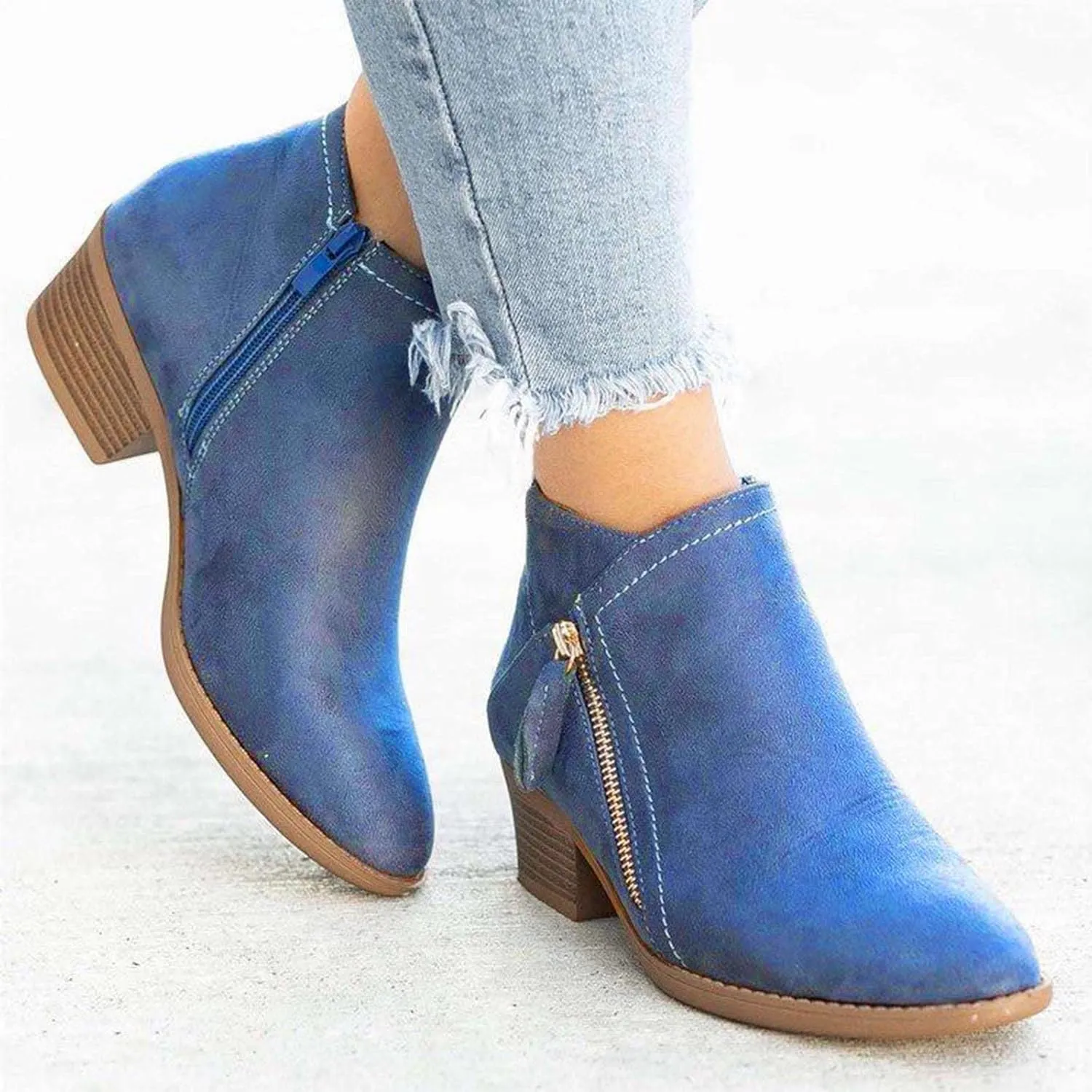 oiangi Womens Boots Fall 2022 Ankle Booties Vintage Slip on Round Toe Side Zipper Chunky Block Mid Heel Booties Solid Casual Comfy Outdoor Ladies Shoes