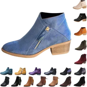 oiangi Womens Boots Fall 2022 Ankle Booties Vintage Slip on Round Toe Side Zipper Chunky Block Mid Heel Booties Solid Casual Comfy Outdoor Ladies Shoes